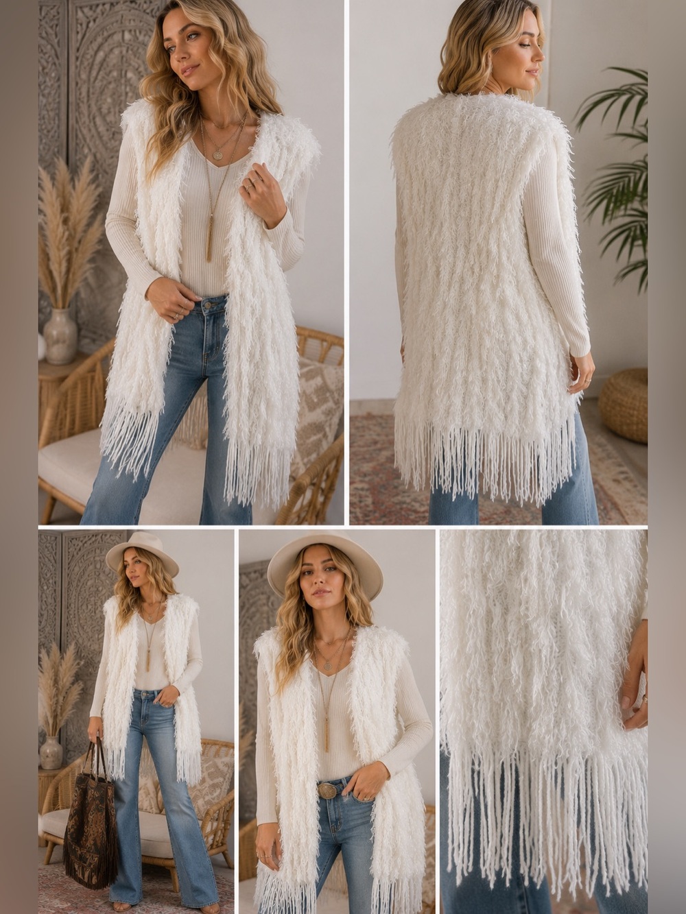 Sapphire Shaggy Faux Fur Fringe Longline Vest Boho Festival Eyelash OS Western